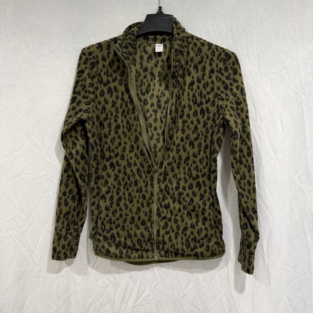 Old Navy Full Zip Green Leopard Print Fleece Sweater S/P